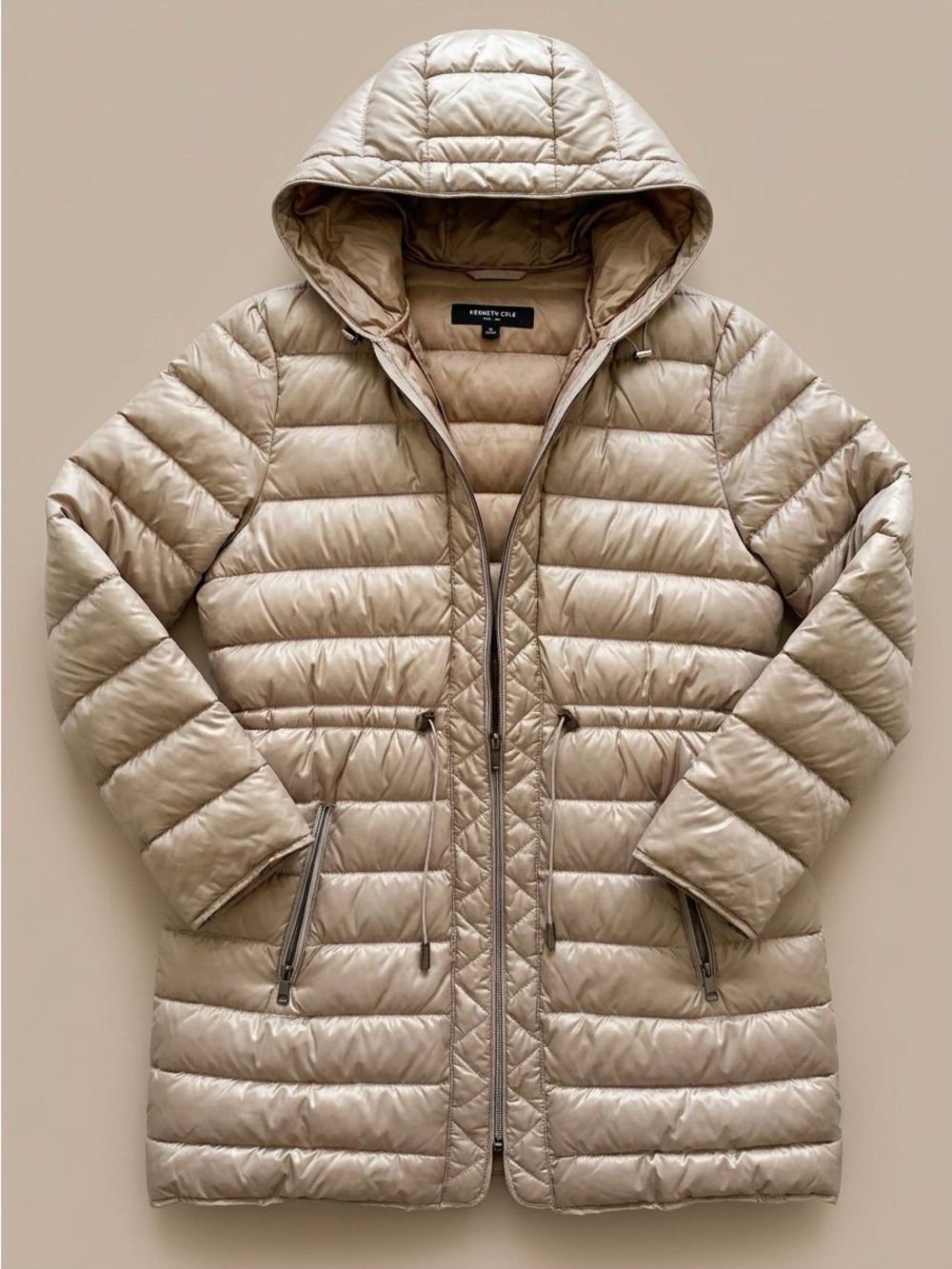 NWOT Kenneth Cole Taupe Quilted Hooded Puffer Jacket